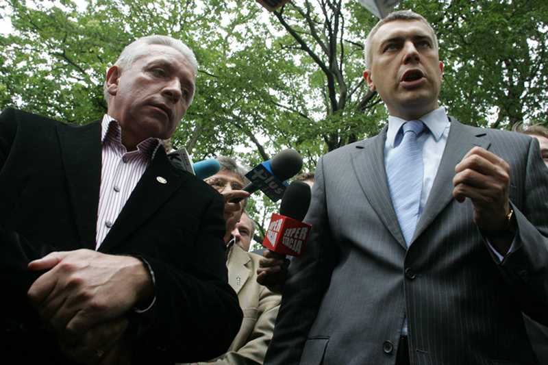 Andrzej Lepper i Roman Giertych po rozwiązaniu koalicji PiS-LPR-Samoobrona. (sierpień 2007)