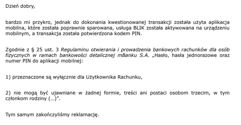 Odpowiedź mBanku na moją reklamację.