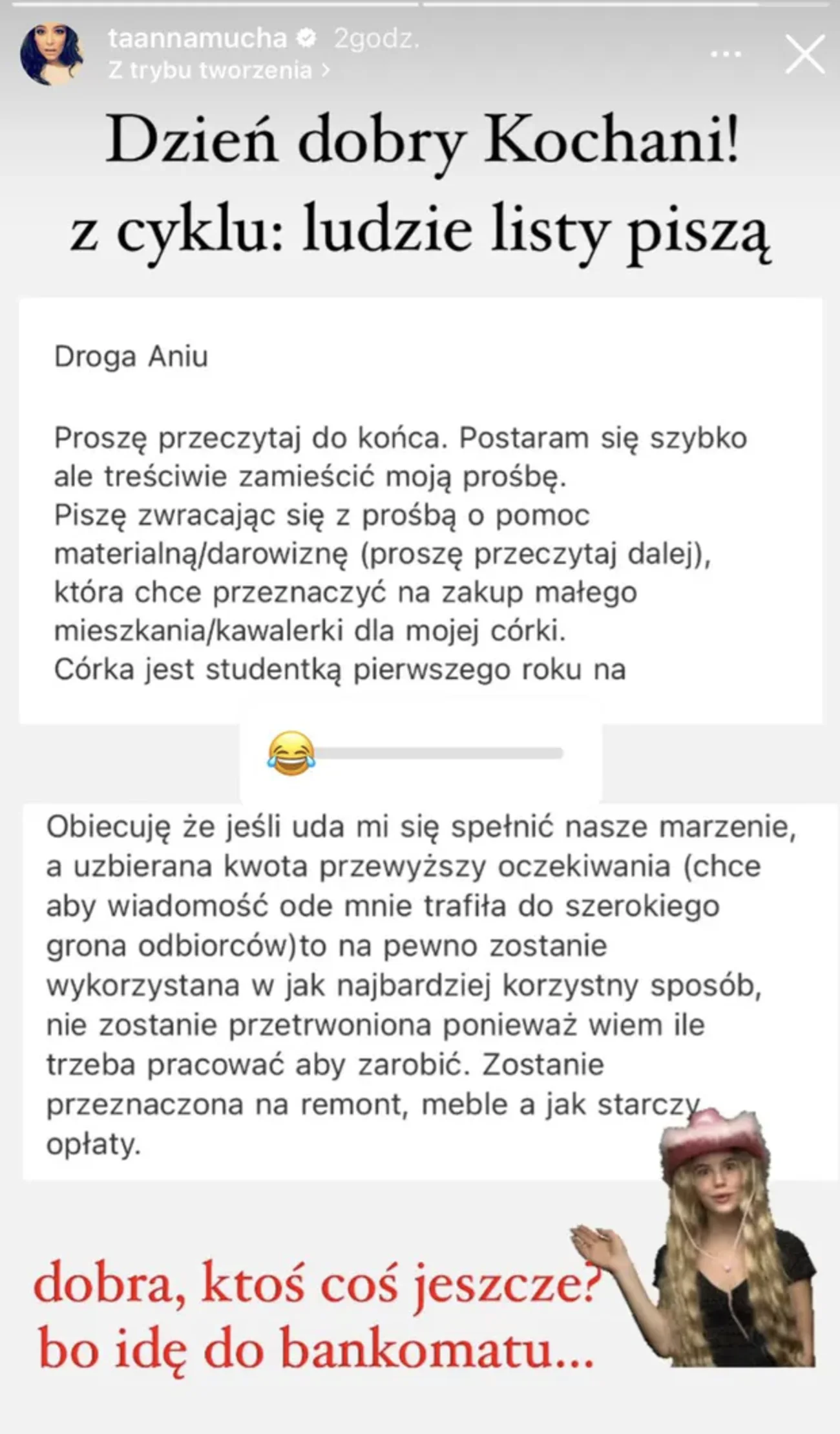 Internautka poprosiła Muchę o darowiznę. Aktorka wymownie odpowiedziała