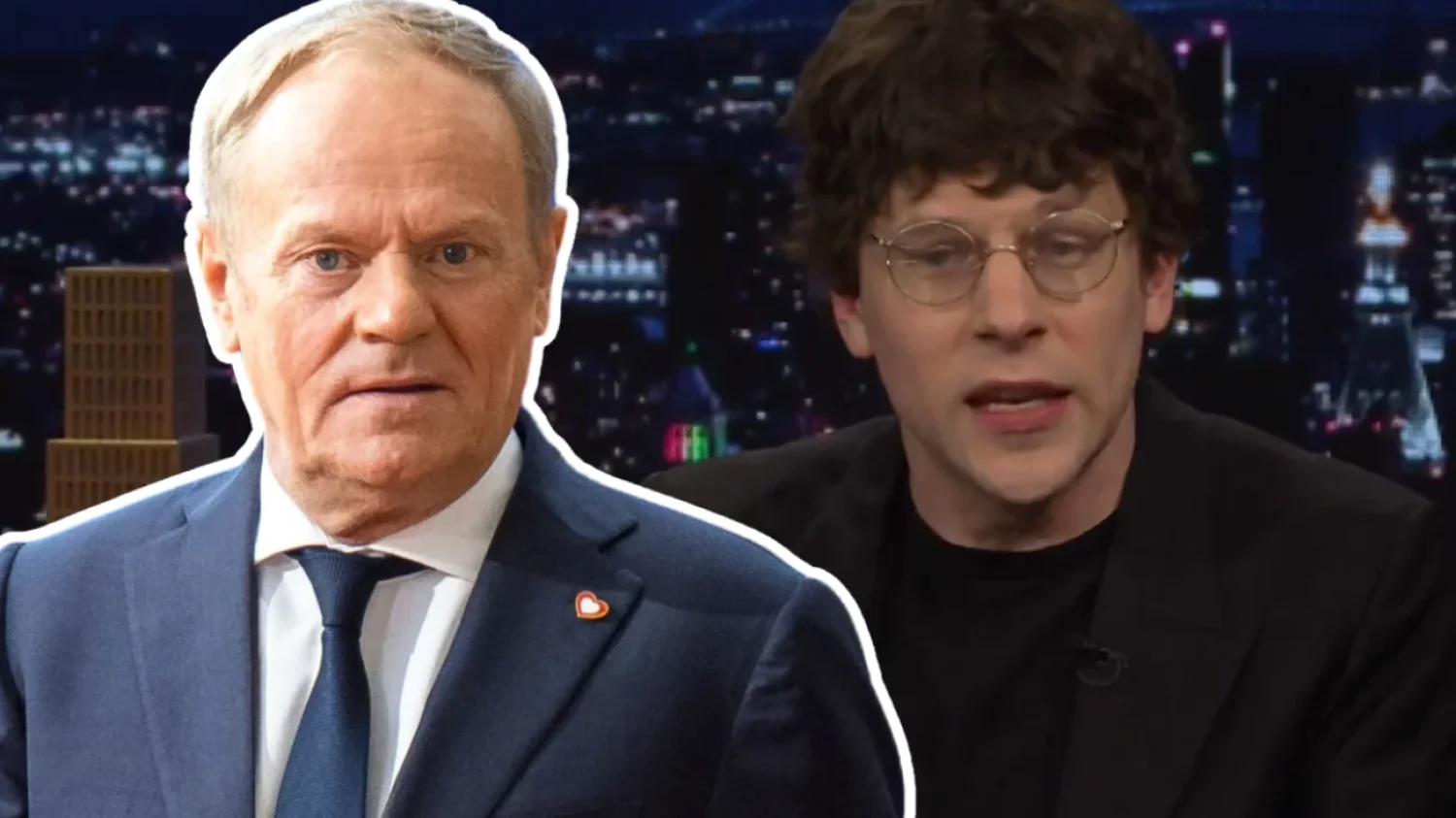 Premier RP Donald Tusk i świeżo upieczony Polak, Jesse Eisenberg, amerykański reżyser i aktor. Szef rządu zwrócił się do niego ws. szkolenia wojskowego.