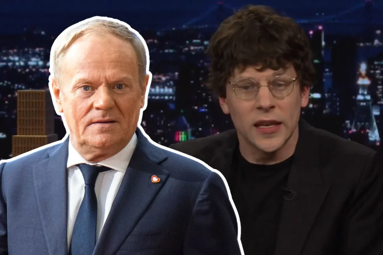 Premier RP Donald Tusk i świeżo upieczony Polak, Jesse Eisenberg, amerykański reżyser i aktor. Szef rządu zwrócił się do niego ws. szkolenia wojskowego.