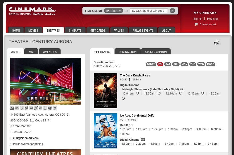 Zrzut ekranu ze strony kina w Aurora gdzie miała miejsce masakra http://www.cinemark.com/theatre-detail.aspx?node_id=1647