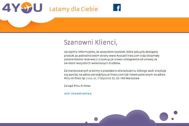 Zarząd 4YouAirlines przypomina klientom, że mogą "odstąpić  od umowy za zwrotem wszystkich wniesionych środków"