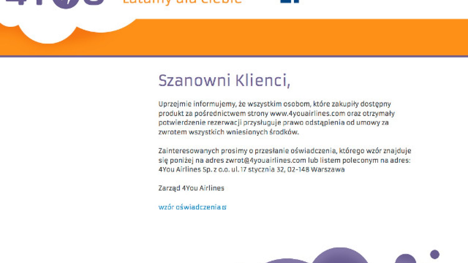 Zarząd 4YouAirlines przypomina klientom, że mogą "odstąpić  od umowy za zwrotem wszystkich wniesionych środków"