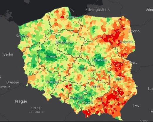 Mapa zaszczepienia ludności Polski na COVID-19
(min. 1 dawka szczepionki, w podziale na gminy).