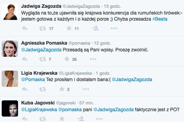 Jadwiga Zagozda została upomniana na Twitterze przez posłanki Agnieszkę Pomaskę i Ligię  Krajewską