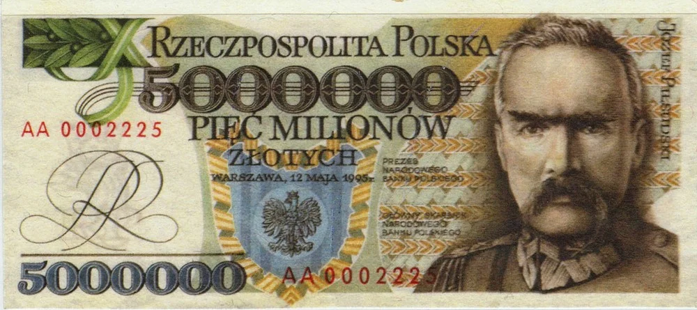 Banknot z lat 90. o nominale 5 mln złotych, który ostatecznie nie wszedł do obiegu.