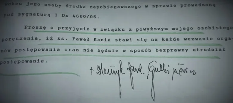 Poręczenie kard. Gulbinowicza za ks. Kanię.
