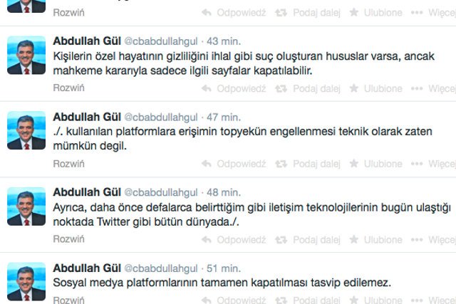 Prezydent Turcji Abdullah Gul uważa, że Twitter nie powinien był zostać zablokowany