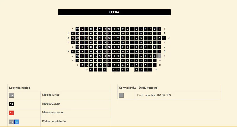 Strona rezerwacji Teatru Ateneum w Warszawie – w połowie marca na "Kolację dla głupca" graną 17 maja został tylko jeden bilet w VII rzędzie. I to pomimo dość wysokiej ceny – 110 zł.