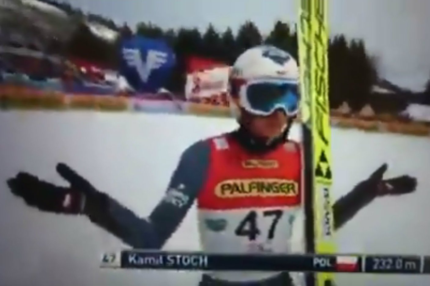 No i co, panie Borku? - taka była reakcja Kamila Stocha na skok w fatalnych warunkach na skoczni mamuciej Kulm w Austrii.