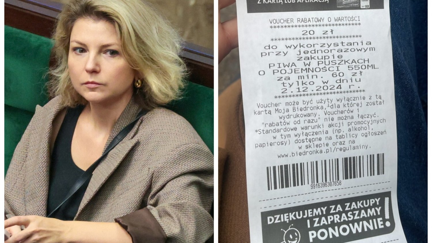 Kontrowersyjny paragon z Biedronki. Była na nim reklama piwa Posłanka Monika Rosa oburzona paragonem z Biedronki. O co chodzi?