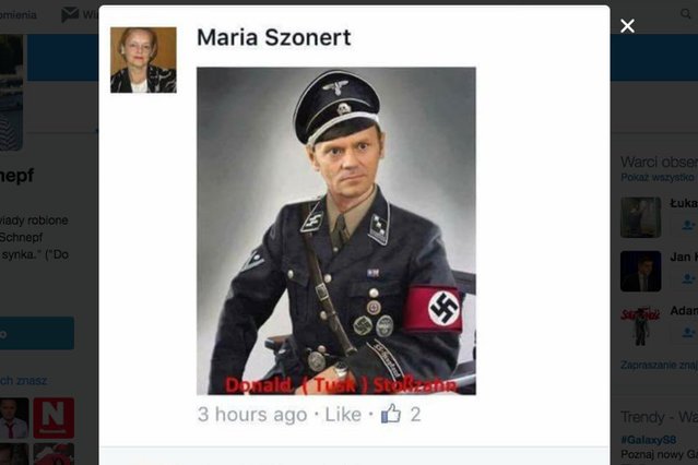 Prokuratura uznała, że ten fotomontaż z Donaldem Tuskiem w mundurze SS nie jest "wulgarny, ordynarny, ani obsceniczny".