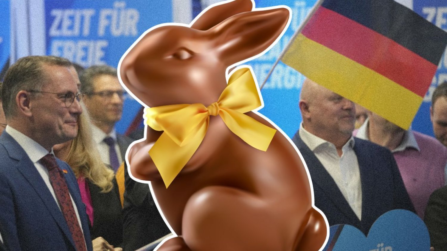 Zajączek z czekolady na tle polityków skrajnej prawicy z Niemiec (AfD).