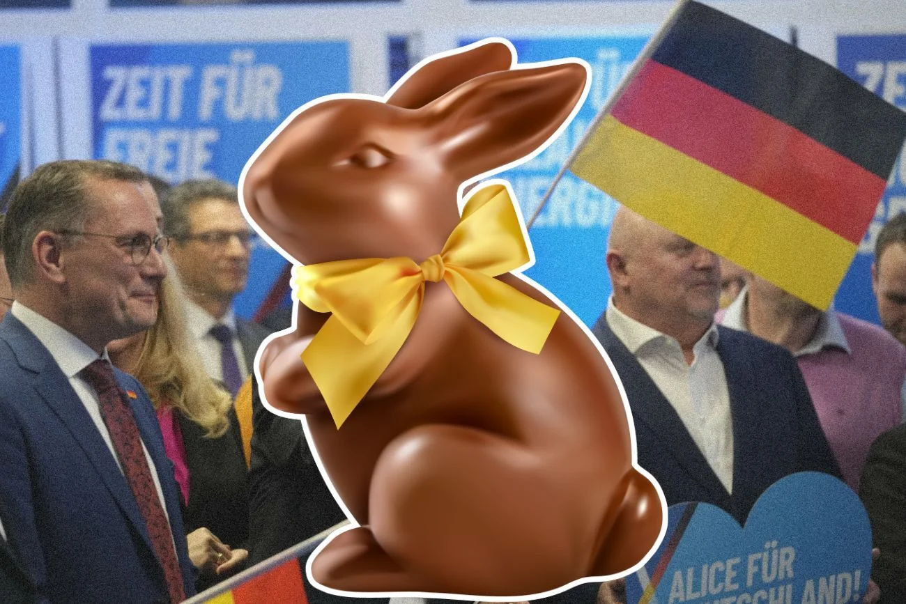 Zajączek z czekolady to kolejny temat, o którym kłamie skrajna prawica z AfD. Chodzi o Wielkanoc. Zajączek z czekolady na tle polityków skrajnej prawicy z Niemiec (AfD).