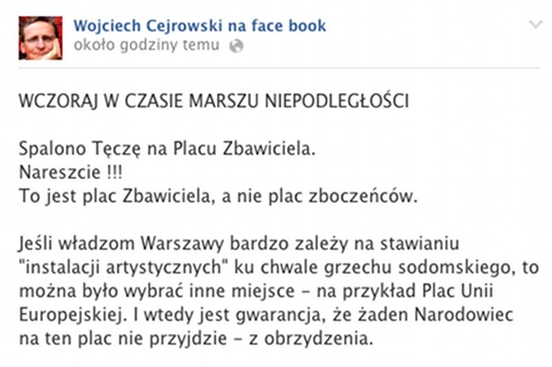 Fragment Kontrowersyjnej wypowiedź Wojciecha Cejrowskiego o tęczy i Marszu Niepodległości na Facebook.com
