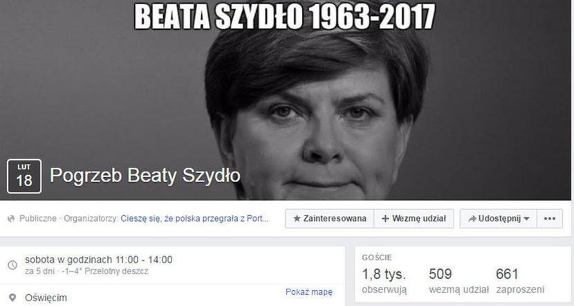 Ktoś robił sobie na Facebooku żarty z rzekomej śmierci premier Beaty Szydło.