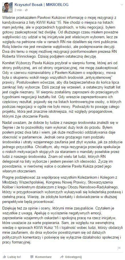 Wpis Krzysztofa Bosaka o jego rezygnacji z kandydowania z list Kukiza