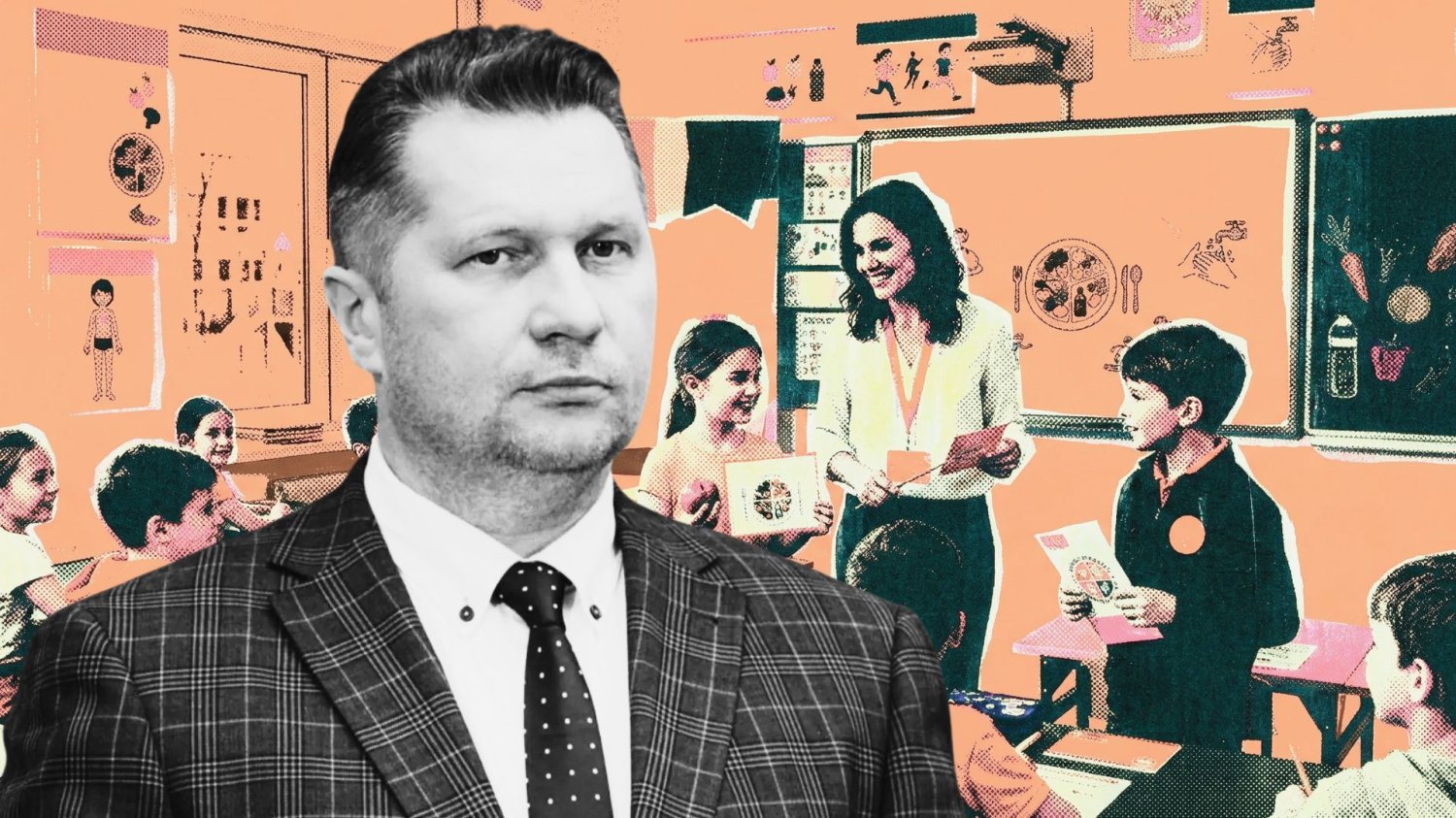 Przemysław Czarnek. W tle grafika przedstawiająca zajęcia edukacji zdrowotnej w szkole.