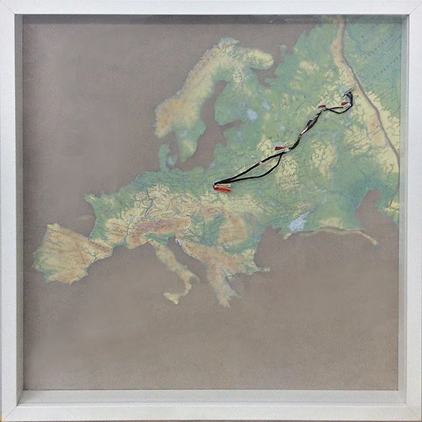 "THE END. MAP. A Trip To Fear (from Warsaw to Wiatka, Perm, Usolie / Bierezniki)", 2014, 50 x 50 cm