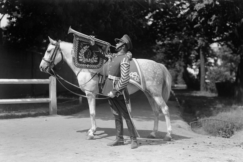 Fanfarzysta Biedakiewicz przy koniu.