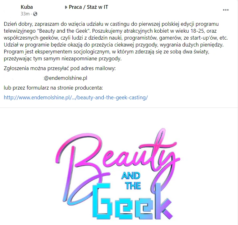Ogłoszenie Endemol Shine Polska o castingu do programu "Beauty and the Geek"