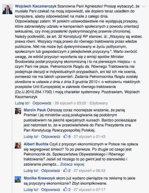 Minister zna przepisy i potrafi je cytować. Nie chce natomiast dostrzec jaskrawych przypadków dyskryminacji, a tym bardziej czegoś z tym zrobić.