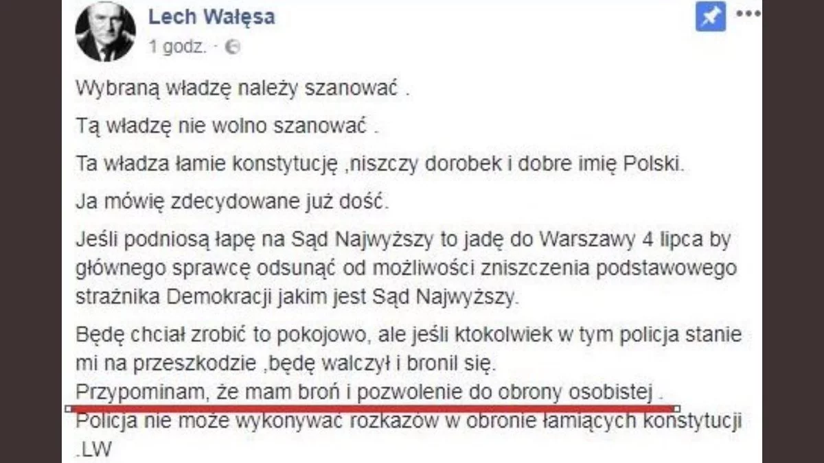 Ten wpis Lecha Wałęsy nie jest już dostępny. Na Facebooku można znaleźć łagodniejszą wersję deklaracji byłego prezydenta, gdzie nie ma już słów o posiadaniu broni.