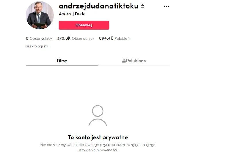 Konto prezydenta Polski Andrzeja Dudy w serwisie społecznościowym TikTok ma aktualnie status "prywatne".