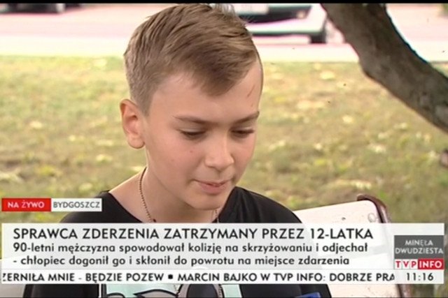 12-letni Kuba z Bydgoszczy nie pozostał bierny na próbę ucieczki sprawcy kolizji.