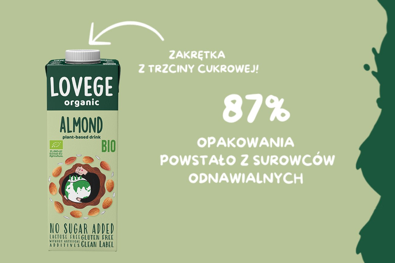87% opakowania napojów roślinnych marki LOVEGE organic pochodzi z surowców odnawialnych.