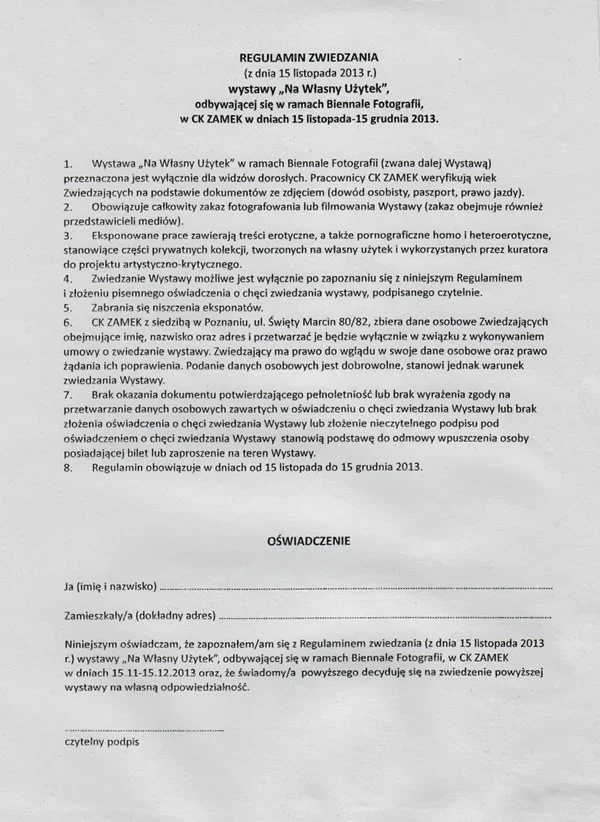 Regulamin wystawy "Na własny użytek"