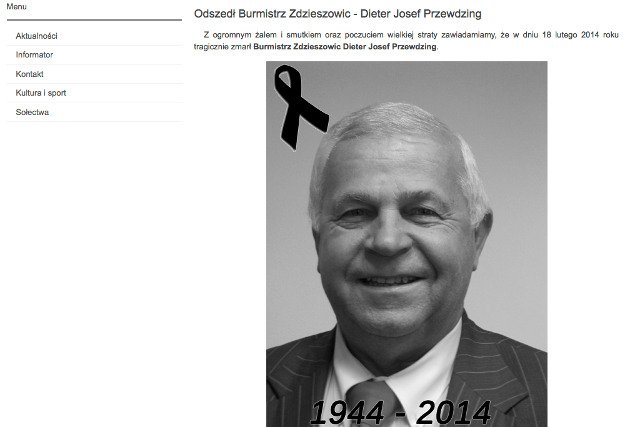 O śmierci burmistrza poinformowano na stronie urzędu miasta