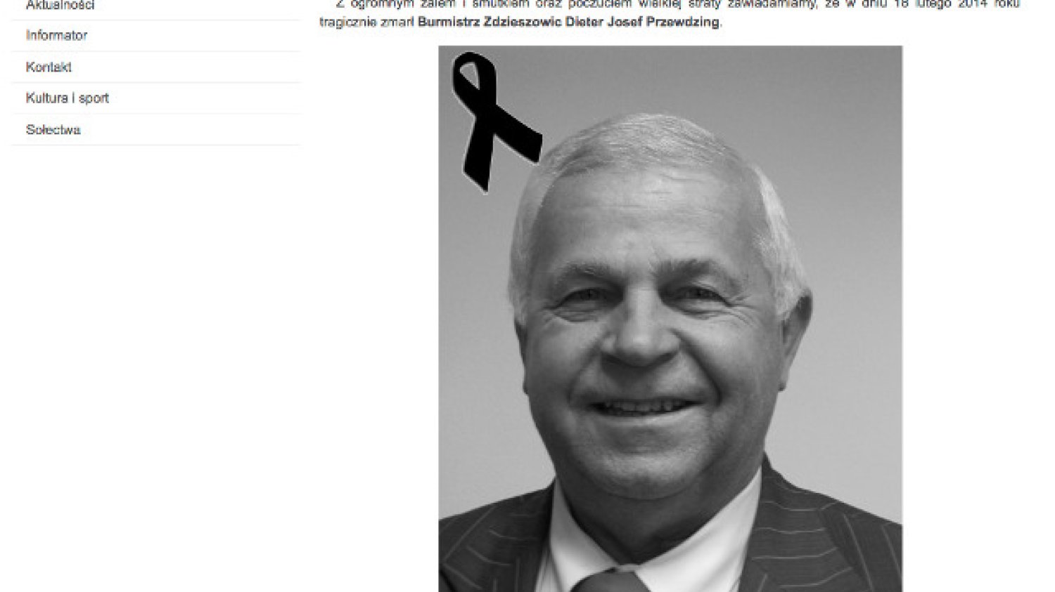 O śmierci burmistrza poinformowano na stronie urzędu miasta
