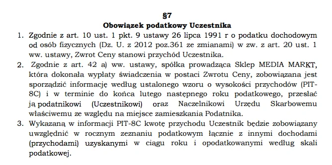 Regulamin informuje o opodatkowaniu