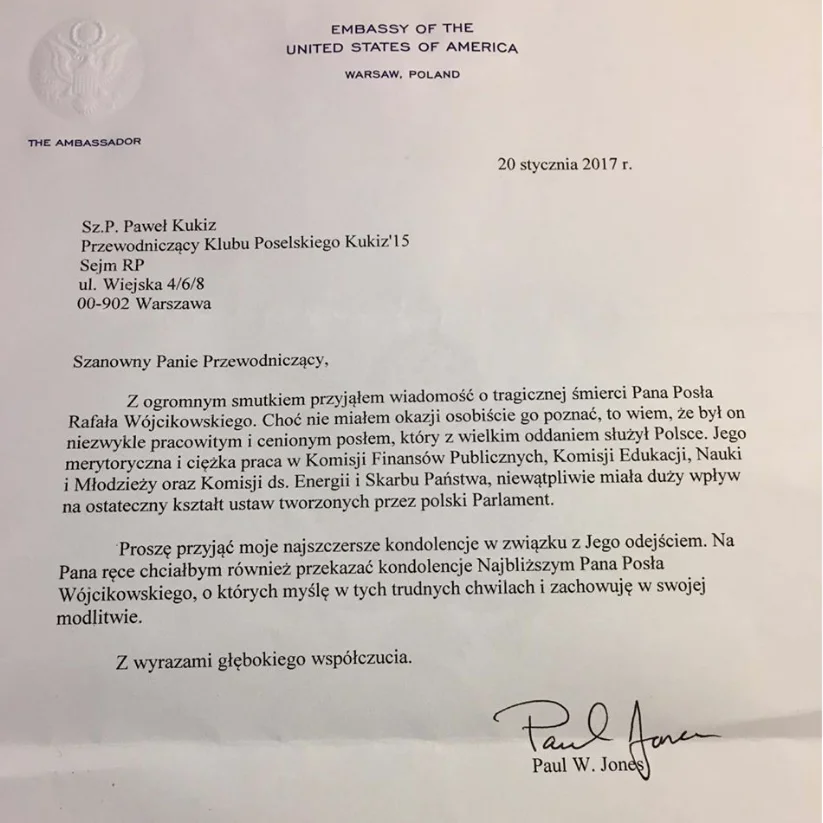 List kondolencyjny ambasadora USA Paula W. Jonesa, zaadresowany do Pawła Kukiza.