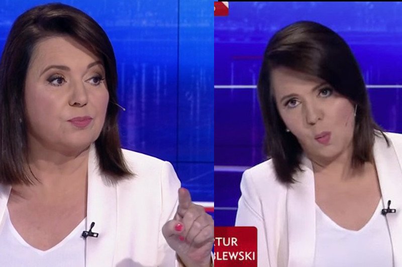 Danuta Holecka podczas rozmowy z Katarzyną Lubnauer stroiła do widzów dziwne miny.