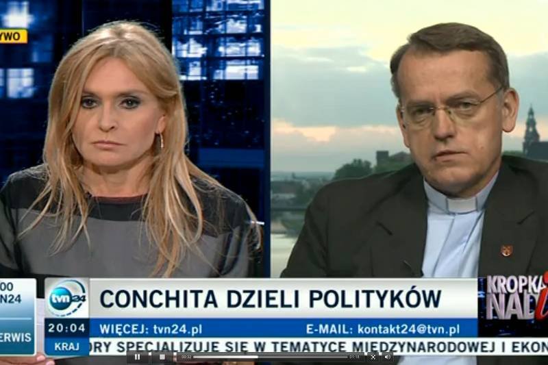 Ksiądz Oko w programie "Kropka nad i" Moniki Olejnik stwierdził, że Conchita Wurst wygrała dzięki propagandzie gender