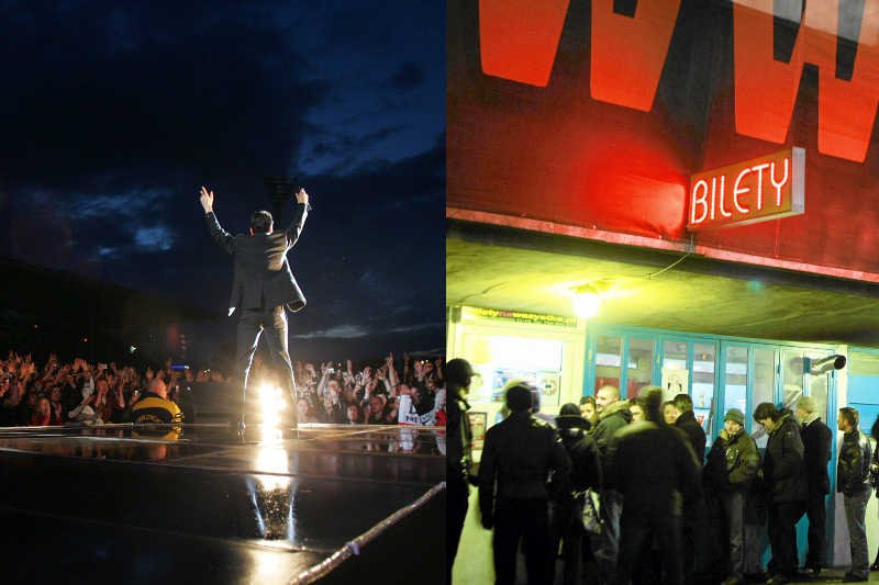 Wokalista Depeche Mode David Gahan podczas koncertu na warszawskiej Legii w 2006 roku / Fani stojący w kolejce po bilety przed koncertem w łódzkiej Atlas Arenie w 2010 roku.