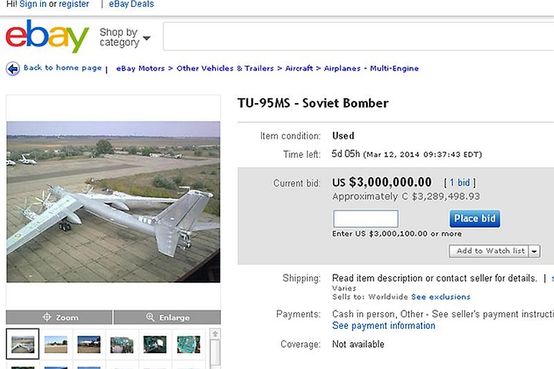 Bombowiec Tu-95 MS był to kupienia na aukcji internetowej