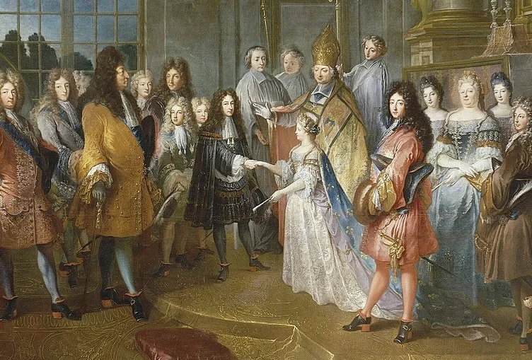 Księżniczka Sardynii Maria Adelajda Sabaudzka w 1697 roku poślubiła Ludwika Burbona, księcia Burgundii w jasnej sukni z błękitną peleryną