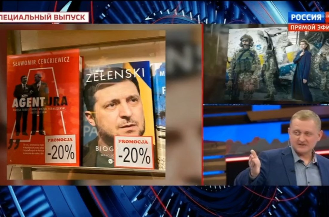 Co mówi się o Polsce w rosyjskiej telewizji? Scena z rosyjskiej telewizji: biografia Wołodymyra Zełeńskiego z 20-procentową obniżką w polskiej księgarni