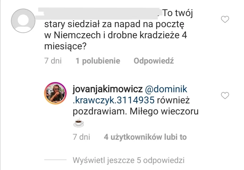 Komentarz pod zdjęciem Jovana Jakimowicza Instagram