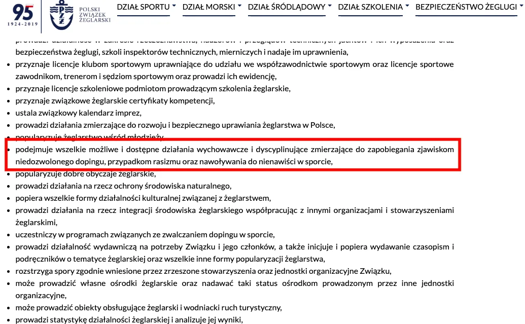 Zrzut ekranu statut Polskiego Związku Żeglarskiego paragraf 8