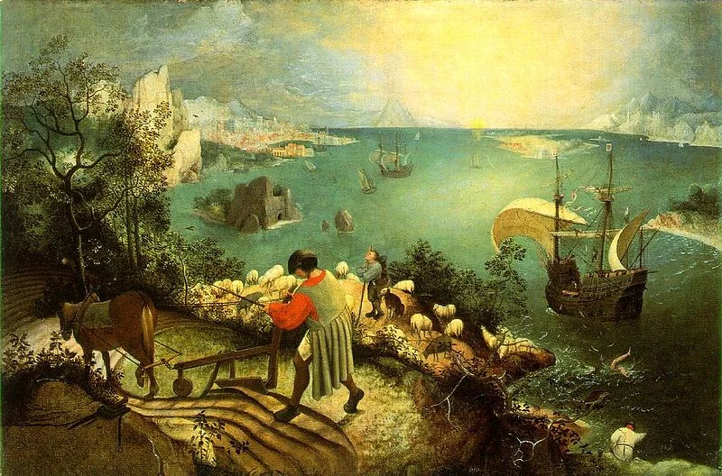 Pieter Bruegel Starszy, Pejzaż z upadkiem Ikara, 1557, Królewskie Muzea Sztuk Pięknych