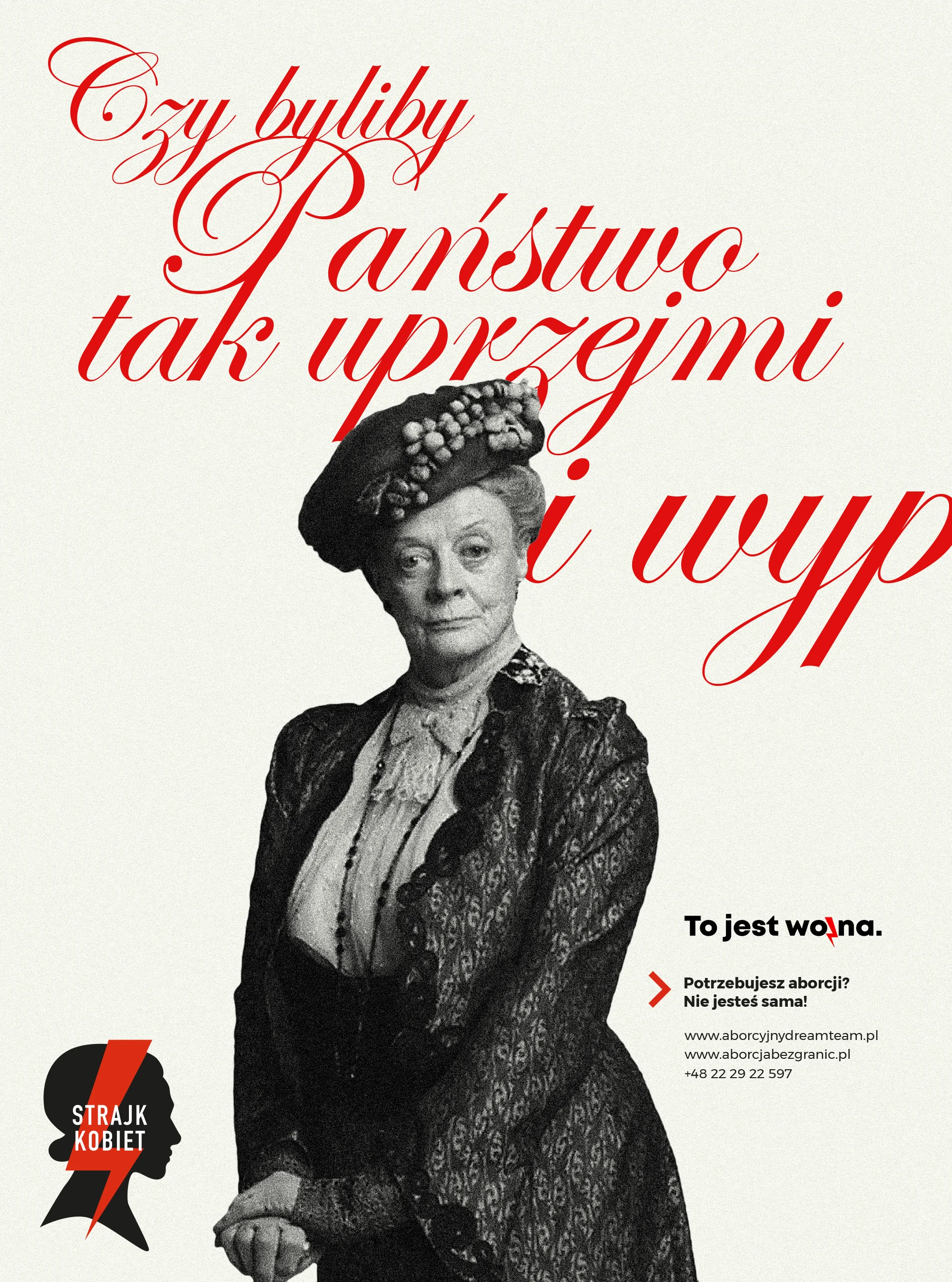 Plakat z Maggie Smith na Strajk Kobiet 2020. Plakaty na Strajk Kobiet do pobrania za darmo. Artyści udostępniają grafiki