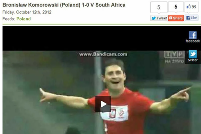 Portal 101greatgoals.com zapisał bramkę z meczu towarzyskiego z RPA na konto Bronisława Komorowskiego