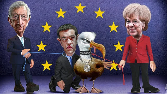 Tsipras na krótkim pasku UE to dość częste jego karykaturalne przedstawienie po jego fatalnych negocjacjach z UE.