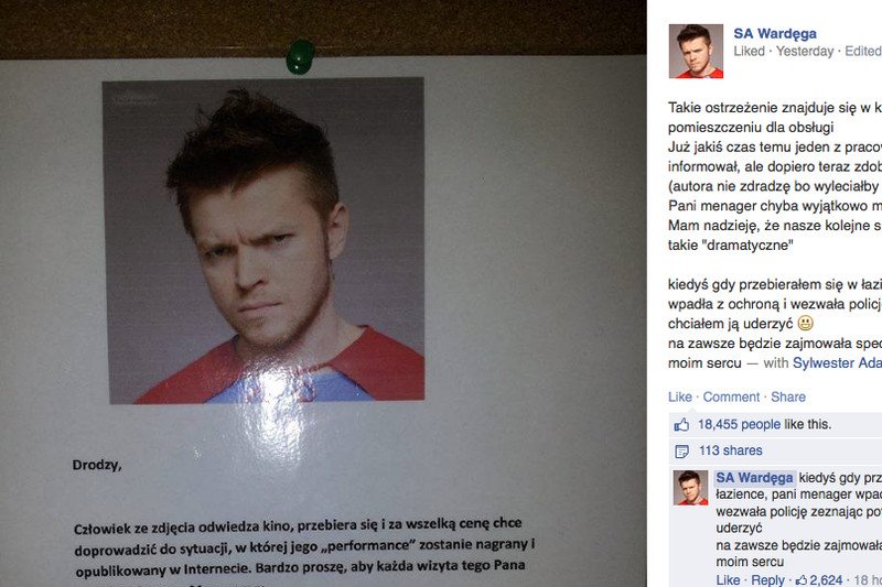 Takie ostrzeżenie znajduje się w kinie centrum handlowego Arkadia w pomieszczeniu dla obsługi – informuje Sylwester Wardęga.