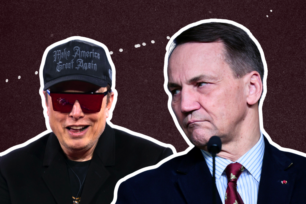 Elon Musk odpowiada Radosławowi Sikorskiemu Elon Musk i Radosław Sikorski na tle Starlinków